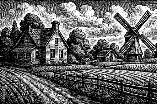 Monochrome Engraving of Rural Landscape with Windmill, Farmhouse and Fence on Field