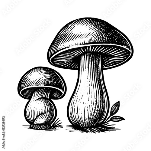 Two Mushrooms Engraved Illustration Style, Detailed Black and White Line Art Drawing of Fungi