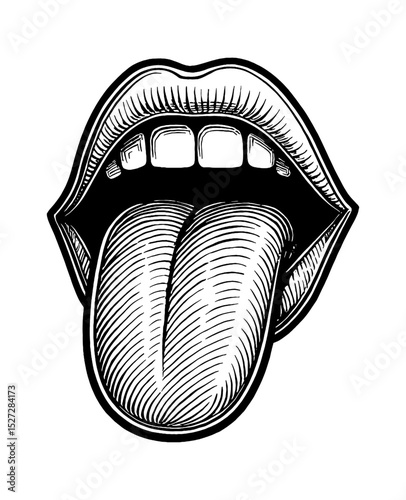 Detailed Engraved Illustration of Mouth Open with Tongue Sticking Out in Black and White