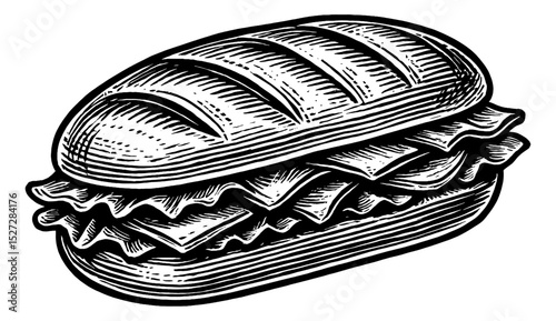 Detailed Engraved Illustration of a Sandwich with Lettuce and Cheese