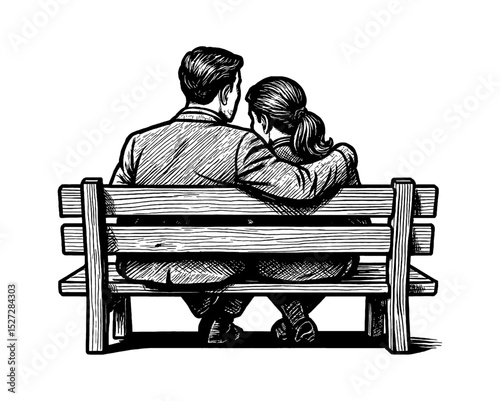 Couple Sitting on a Bench Together in Detailed Black and White Engraving Art Style