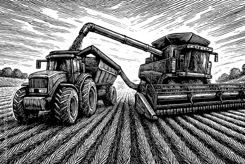 Tractor Harvesting Grain Field with Combine Harvester in Engraved Vintage Style