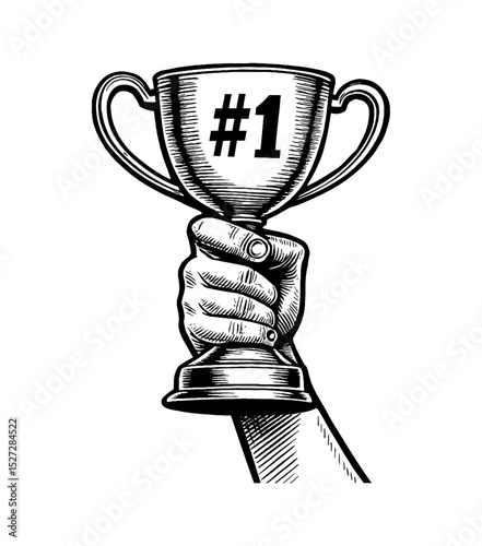 Hand Holding Up a Trophy Engraved Number One Symbol Vector Illustration