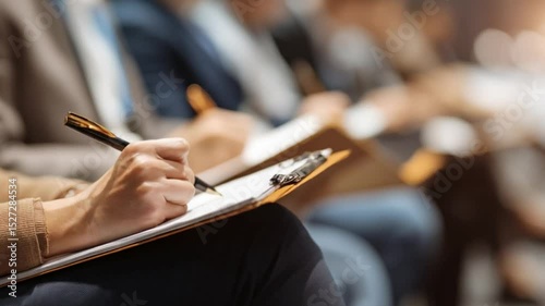 Note-Taking Conference: Close-up shot of hands diligently taking notes on a clipboard during a conference or seminar, emphasizing focus and engagement.