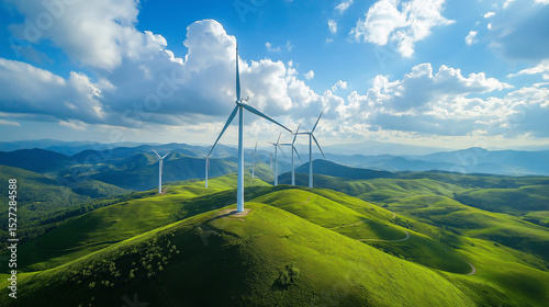 line of wind turbines on rolling green hills