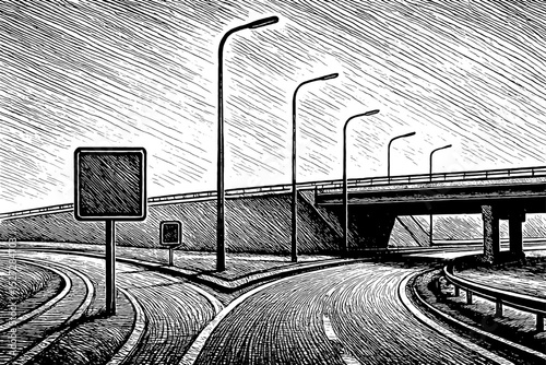 Road junction with bridge and road signs, engraved black and white landscape scene