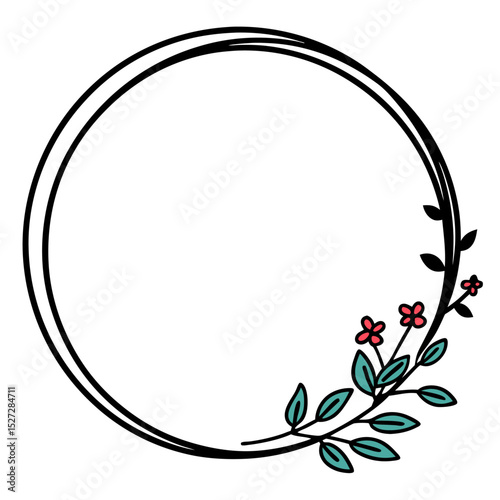 A simple circular frame, delicately adorned with a sprig of teal leaves and coral blossoms, isolated on white background