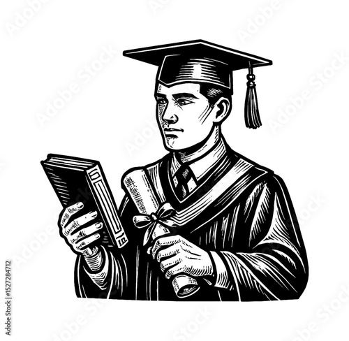 Man in Graduation Gown Holding Diploma and Book with Thoughtful Expression Engrave Style