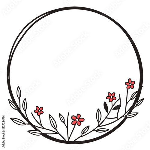 A simple circular frame, delicately adorned with small red flowers and gray leaves, isolated on white background