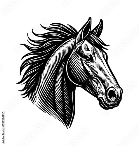 Horse Head Profile Portrait Detailed Engraving Style in Black and White Colors
