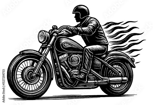 Man Riding Motorcycle with Helmet in Detailed Black and White Line Art Engraving