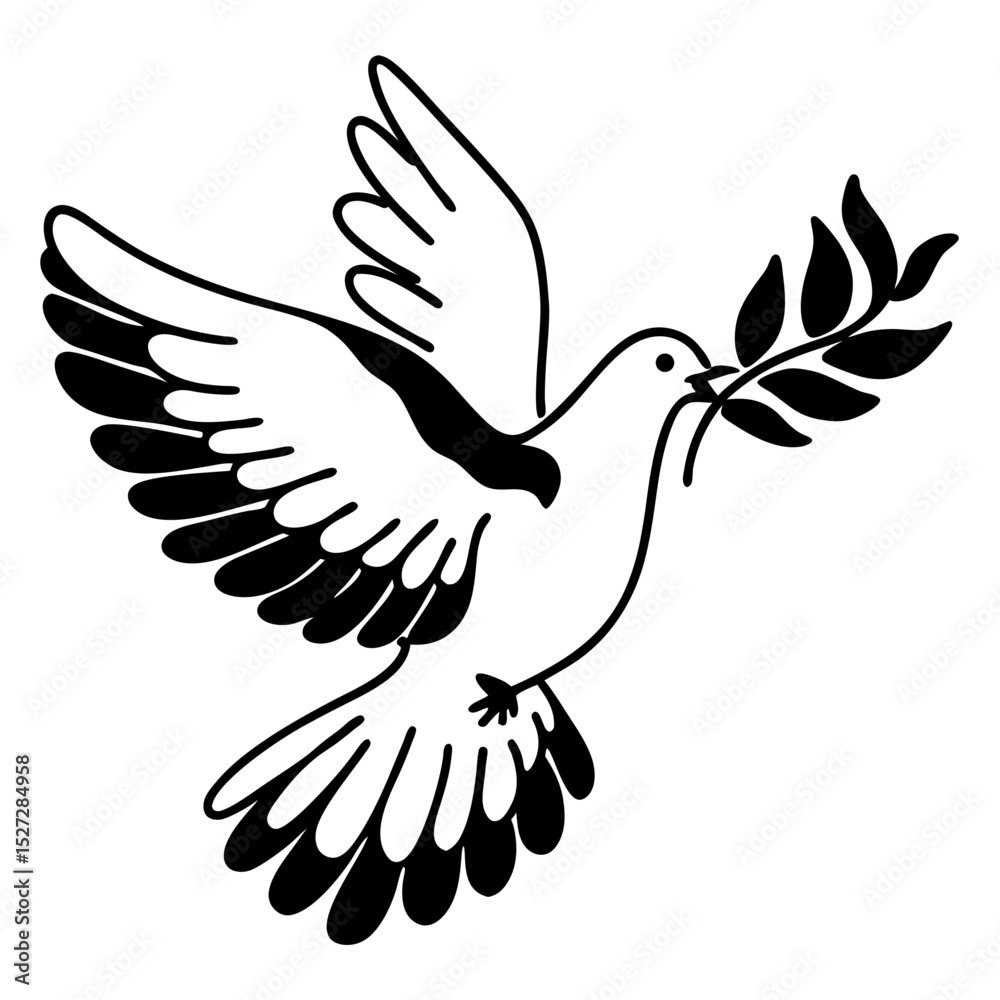 Obraz premium A graceful dove, wings outstretched, carries an olive branch, isolated on white background
