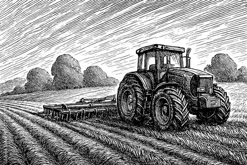 Tractor plowing a field with trees in the background in detailed black and white engraving style