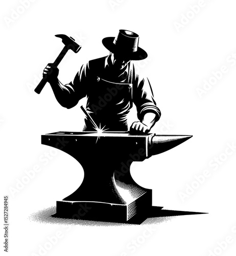 Blacksmith at Work Striking Metal on Anvil with Hammer in Silhouette Style