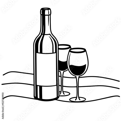 A bottle of wine and two glasses rest on a wavy surface, isolated on white background