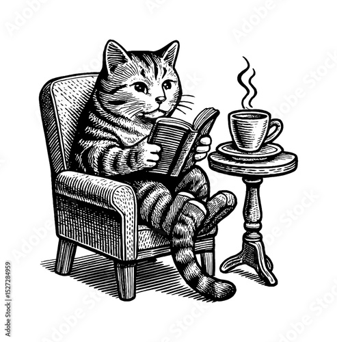 Engraved Cat Reading Book in Chair with Coffee Cup on Table Illustration