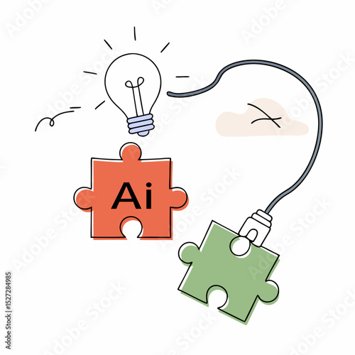 A bright idea sparks the connection between ai and innovative solutions, two puzzle pieces linked by a cord isolated on white background