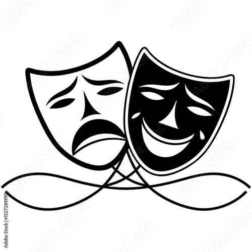 A dramatic pair of theatrical masks, one weeping joy and the other shedding sorrow, are elegantly intertwined, isolated on white background