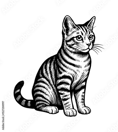 Illustration of a striped cat sitting upright, black and white detailed drawing