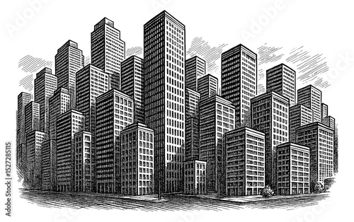 Cityscape with high rise buildings and skyscrapers in vintage engraving style