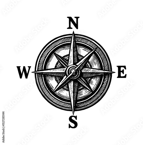 Black and white compass rose illustration with north south east and west direction