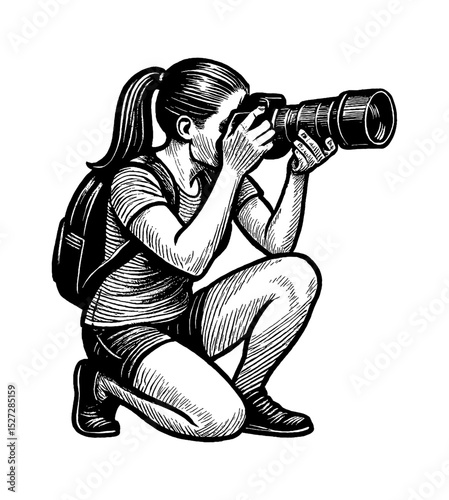 Engraved woman crouching while taking a picture with a professional camera