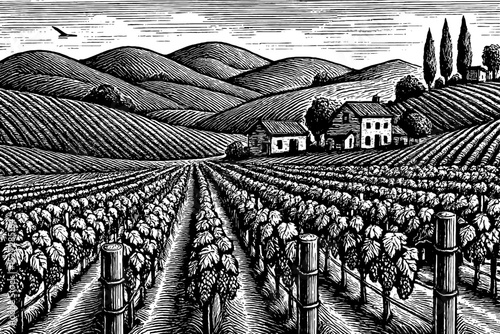 Engraved illustration of vineyard landscape with houses in black and white