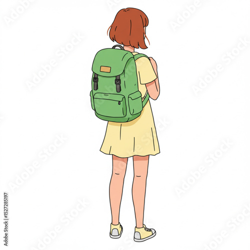  Back view young woman backpacker summer clothes cartoon vector illustration