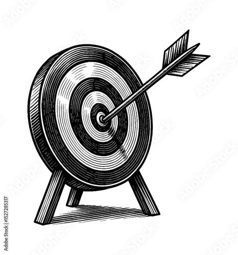 Illustration of arrow hitting target bullseye center success in engraving style