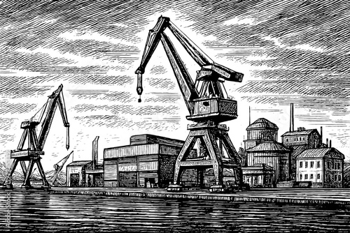 Engraved illustration of cranes and industrial buildings on the waterfront in black and white