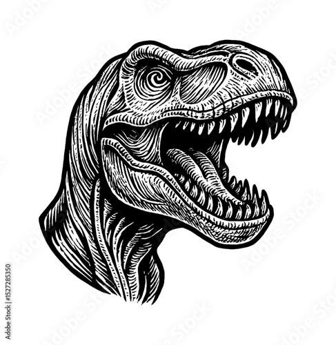 Tyrannosaurus Rex Head with Open Mouth Detailed Black and White Engraving Illustration