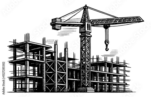Construction site with crane and building structure in black and white sketch style