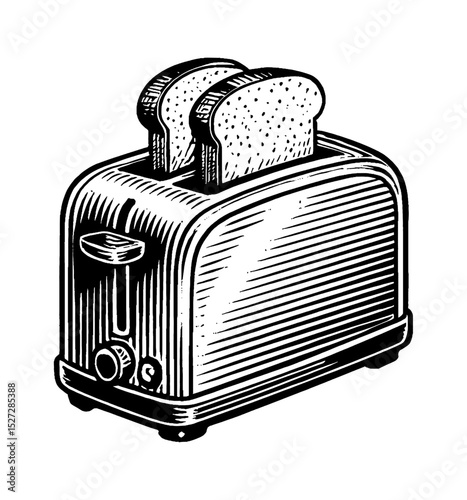 Engraved illustration of a toaster with two slices of bread popping up
