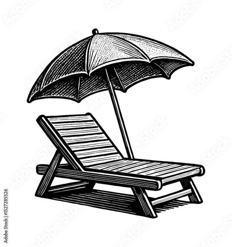 Engraved illustration of beach umbrella and deck chair for summer vacation