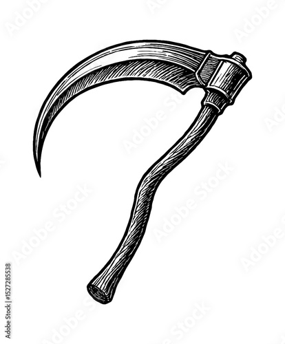 Detailed Black and White Engraving of a Sharp Scythe, a Deadly Harvesting Tool