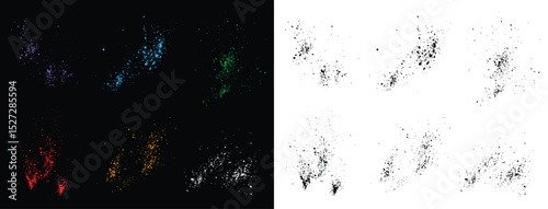 Splatter yellow, purple, black, blue, green, white, and red blood crime vector background set