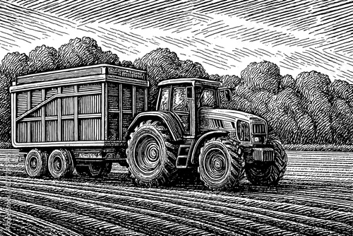 Tractor with Trailer on Field Engraving Style Agriculture Farming Vehicle Black and White