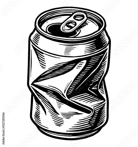 Crumpled Soda Can Illustration in Black and White Engraved Style Showing Damage