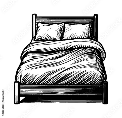 Illustration of Bed with Two Pillows and Comforter in Black and White Engraving Style