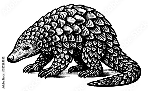 Pangolin Illustration in Black and White Detailed Engraved Style, Standing and Looking Alert