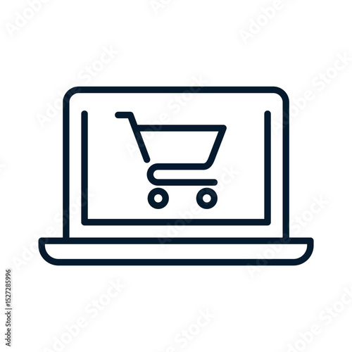 Laptop, cart. Online shopping concept. Vector linear icon isolated on white background.
