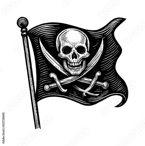 Pirate Flag with Skull and Crossbones Black and White Detailed Engraving Illustration