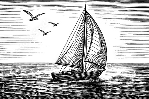 Sailboat sailing on the ocean with birds flying above in black and white engrave style drawing