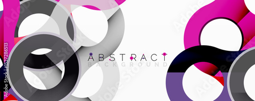 Modern design features overlapping circles. Gray, pink, purple hues create dynamic visual effect. Clean background enhances composition.