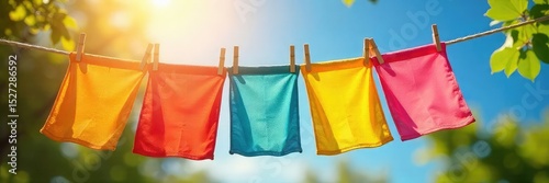 Brightly colored laundry flapping gently in a summer breeze on a clothesline, bathed in warm sunlight Perfect for themes of spring, summer, freshness, and domesticity , washing, serenity