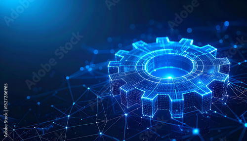 A futuristic blue gear symbolizing technology and innovation, set against a digital network background