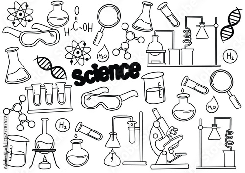 Set of laboratory equipment in black and white outlined doodle style. Hand drawn childish chemistry and science icons set. Elements, formulas, test-tube. Vector hand drawn Science Doodle Elements