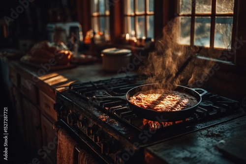 Frying pan on a vintage gas stove