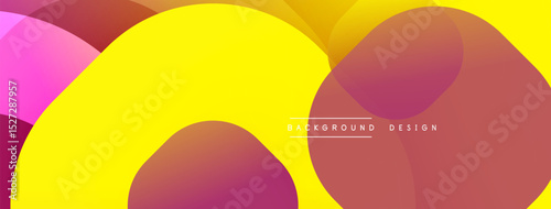 Abstract vibrant shapes overlap, creating dynamic colorful background. Yellow, pink, red hues dominate composition. Modern design element.