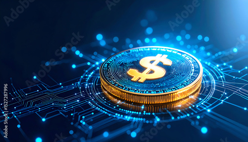 A digital coin with a dollar symbol is illuminated against a blue background, featuring intricate circuit patterns that suggest technology and finance